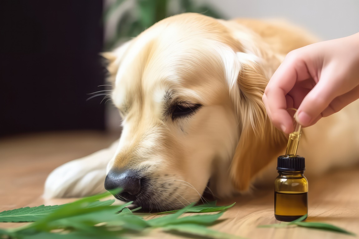 Pet dog taking CBD hemp oil from dropper for anxiety treatment, Generative AI Technology