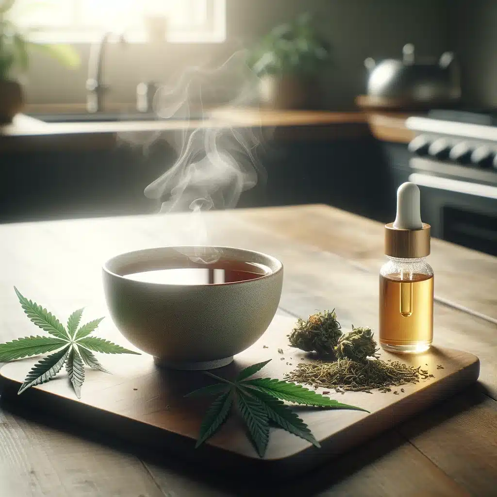 DALL·E 2024-02-16 19.05.40 - A serene, modern teacup filled with steaming CBD tea, surrounded by loose hemp leaves and CBD oil droplets on a sleek, wooden surface. The scene sugge