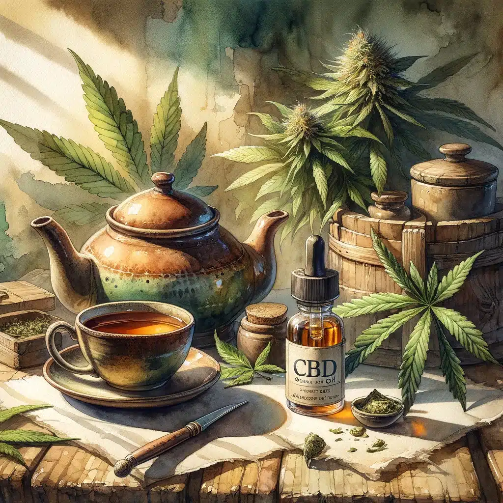 DALL·E 2024-02-16 19.05.43 - A cozy, artistic rendition of a CBD tea setup, including a ceramic teapot and cup, surrounded by a variety of hemp leaves and CBD oil in a small, glas