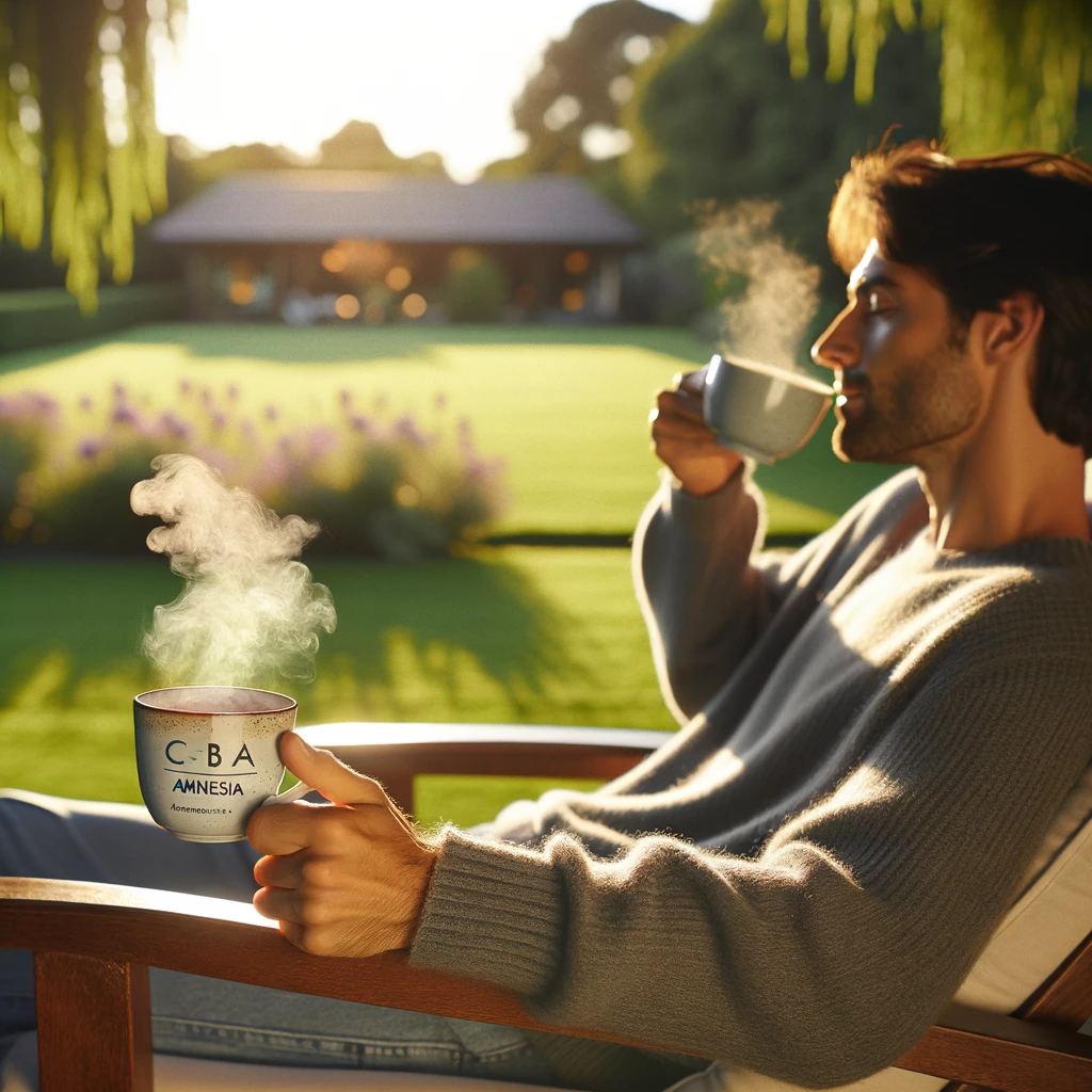 DALL·E 2024-02-19 03.00.30 - A person peacefully enjoying a moment of relaxation in a serene outdoor setting, holding a cup of tea infused with CBD Amnesia. The emotion is serenit