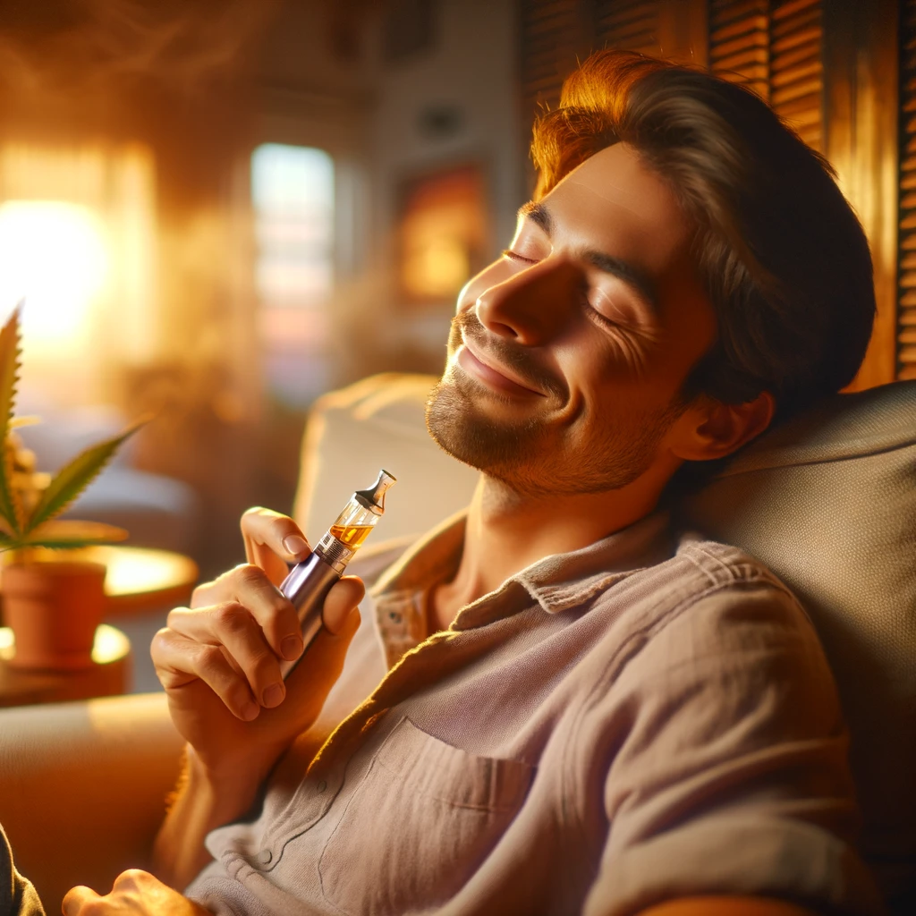 DALL·E 2024-02-19 03.00.32 - A satisfied consumer enjoying a relaxing moment with a product derived from the CBD Amnesia strain, such as a vaporizer or CBD oil. The scene conveys