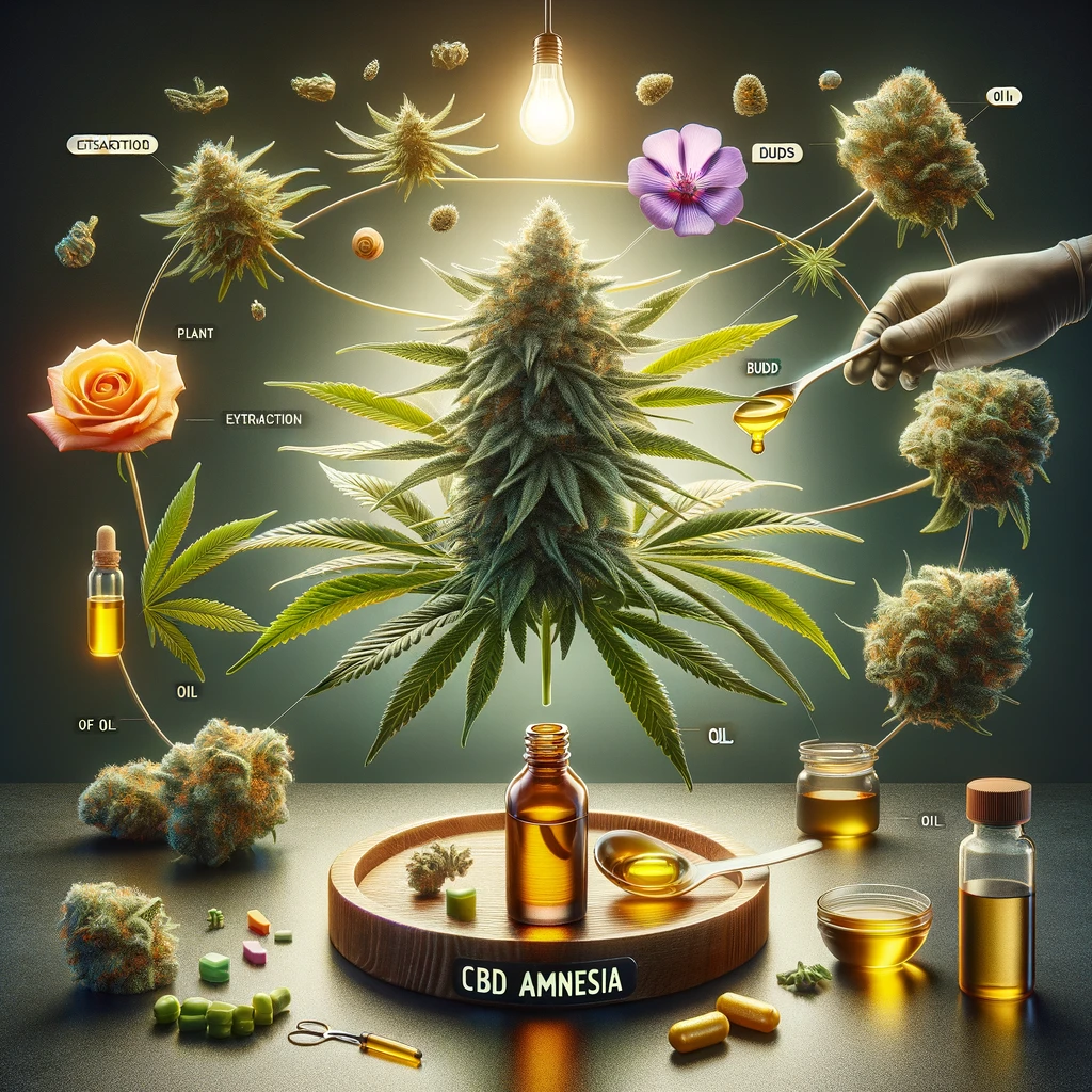 DALL·E 2024-02-19 03.00.34 - A creative composition featuring CBD Amnesia in various forms – as a plant, in close-up of its buds, during extraction process, and as final CBD oil p