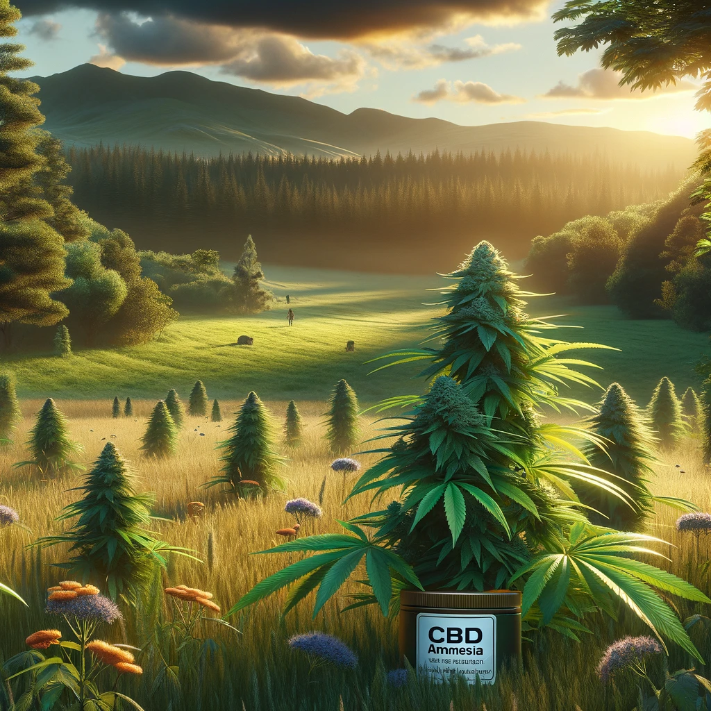 DALL·E 2024-02-19 03.00.38 - A serene landscape featuring the CBD Amnesia cannabis strain growing in a lush outdoor field. The scene conveys peace and natural beauty, with golden