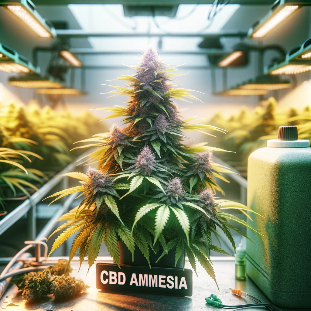 DALL·E 2024-02-19 03.00.43 - A vibrant and lush cannabis plant labeled _CBD Amnesia_ in an indoor grow setup. The scene is serene and inviting, with soft, diffused light highlight